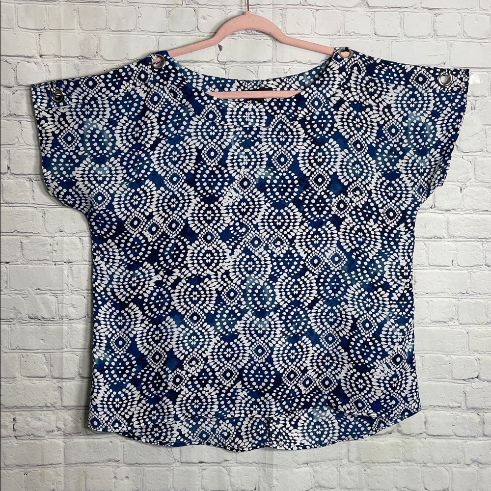 Melissa Paige Navy & White Dot-Print Cold Shoulder Short Sleeve Blouse Top XL